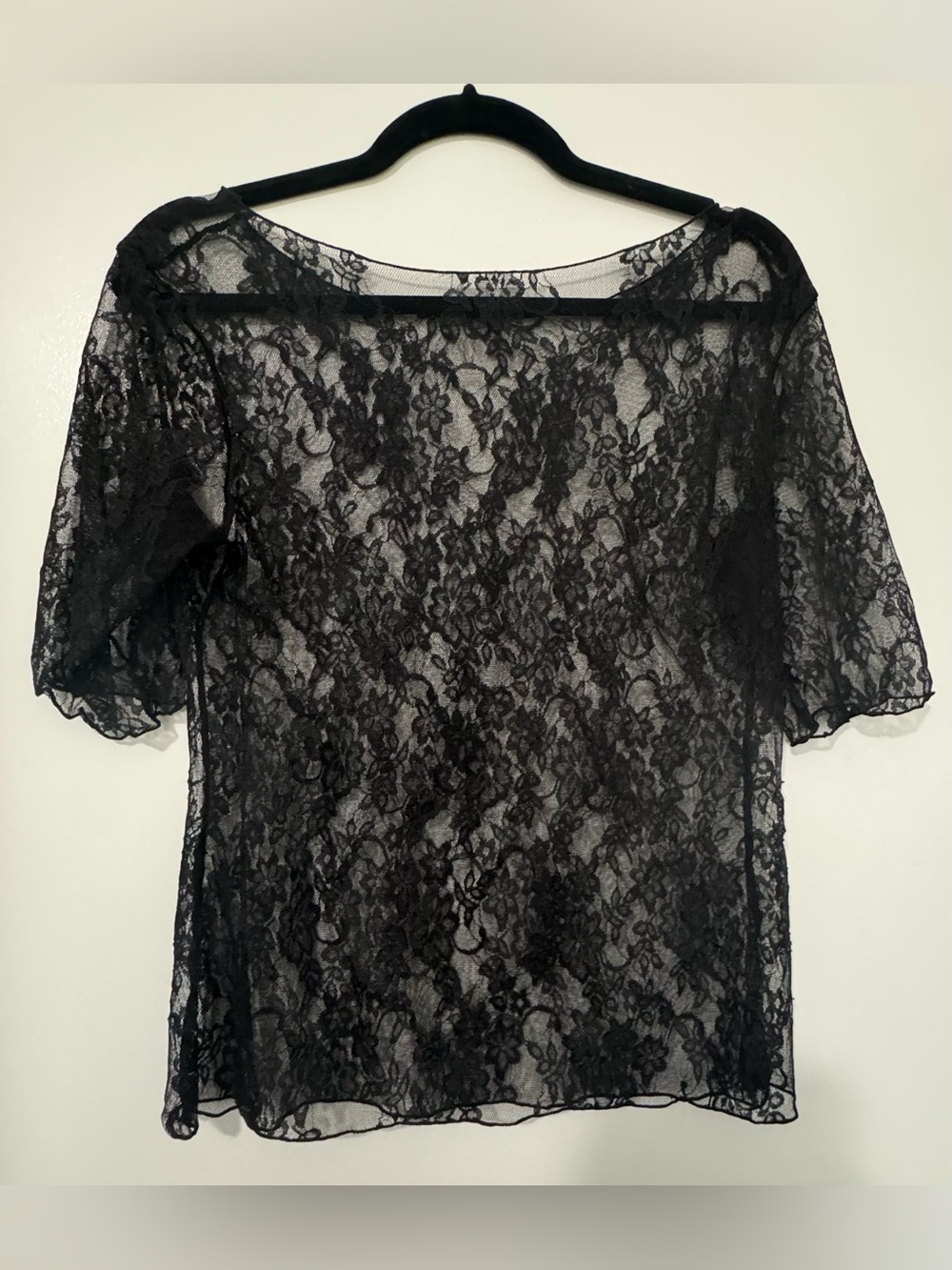 Black Sheer Floral Lace Top Size Large | Romantic Mesh Overlay Blouse